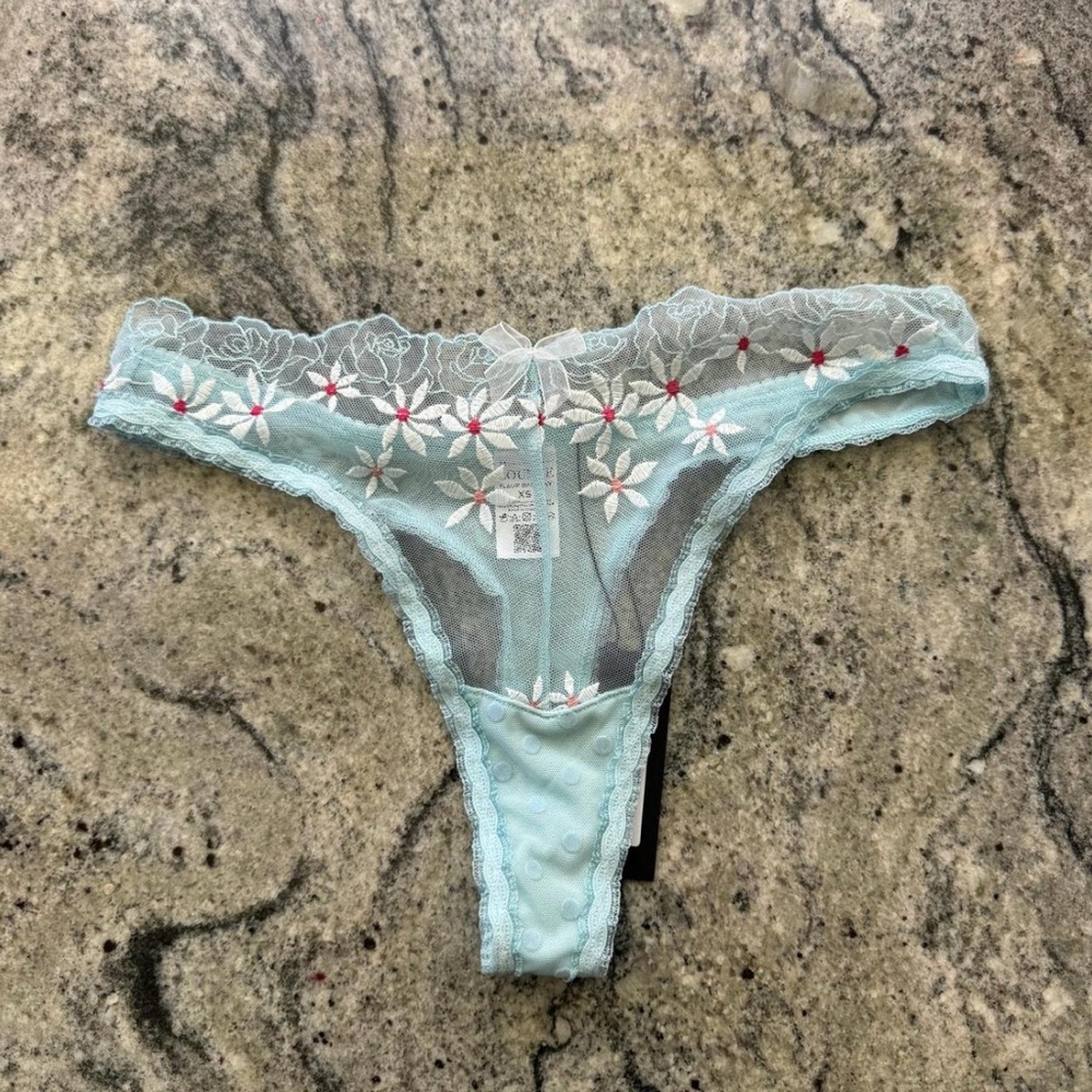 Embroidered Lace Thong Panties - Light Blue